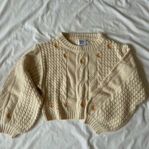 Princess Polly Cream Cable Knit Cropped Sweater with Yellow Floral Embroidery